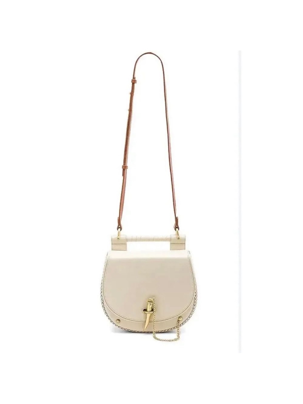 Cream Leather Crossbody Saddle Bag with Gold Accent and Tan Strap